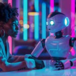 a woman sitting at a table with a robot